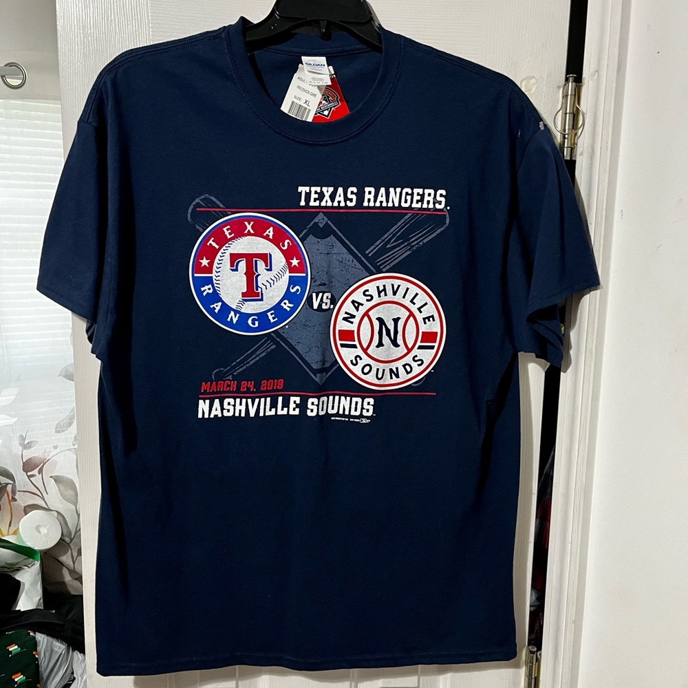 Texas Rangers vs Nashville Sound Logo MLB Preseason Game Men’s T-Shirt XL